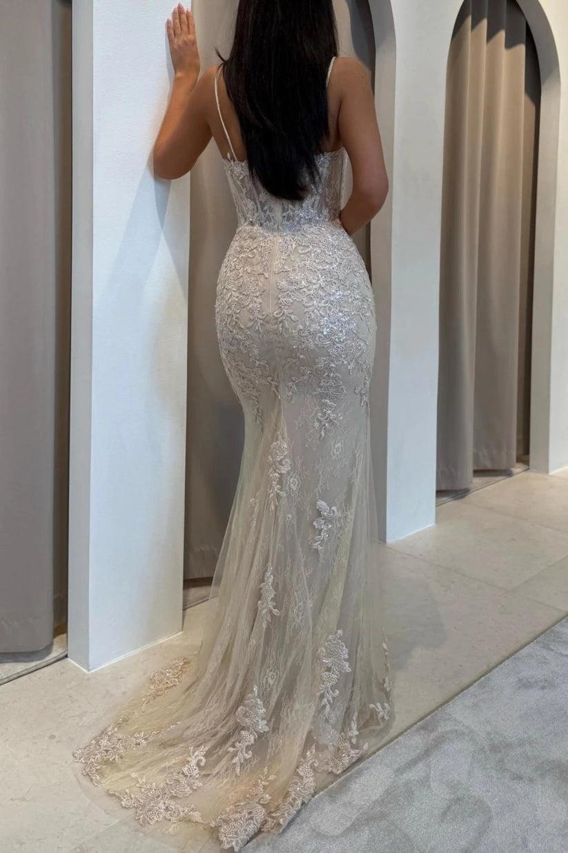 Champagne Glitter Lace Mermaid Gown With Floral Embroidery Corset Bodice
