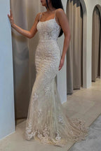 Champagne Glitter Lace Mermaid Gown With Floral Embroidery Corset Bodice
