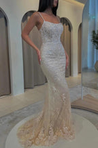 Champagne Glitter Lace Mermaid Gown With Floral Embroidery Corset Bodice