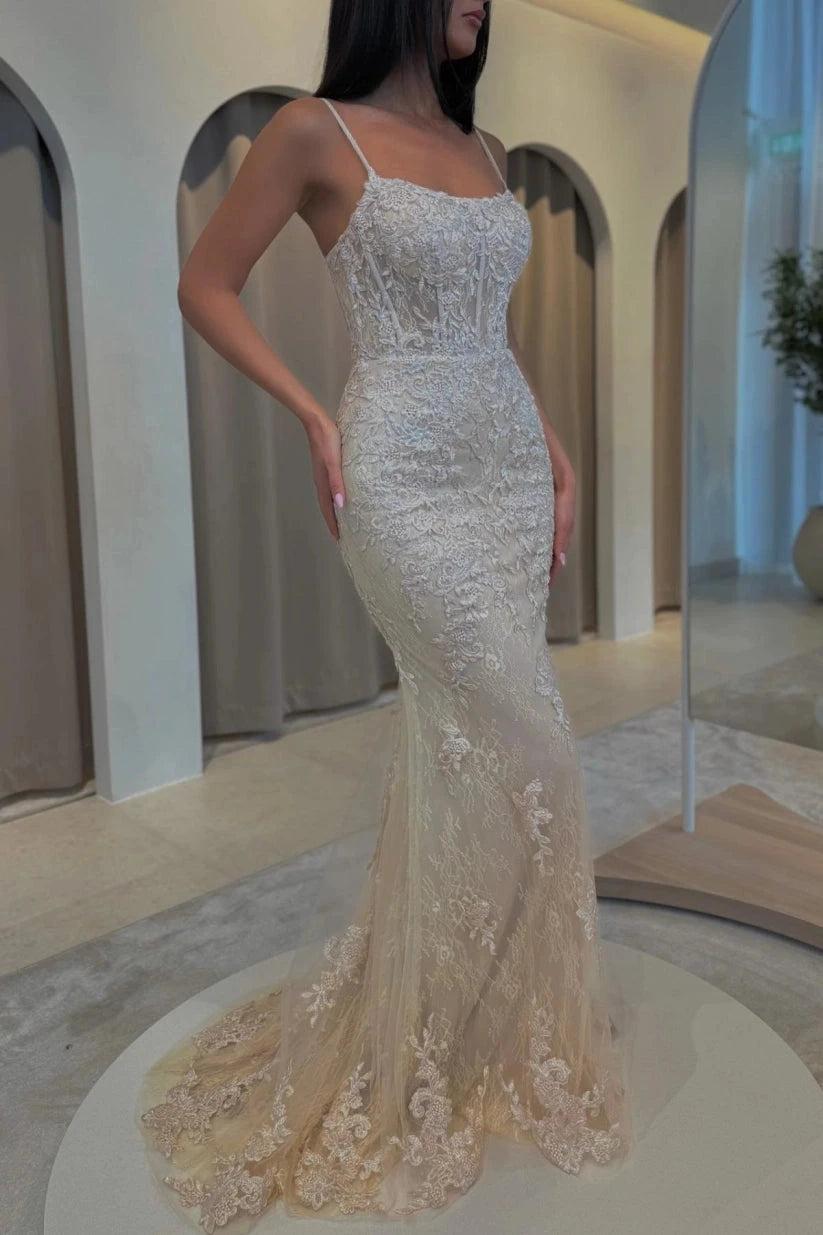 Champagne Glitter Lace Mermaid Gown With Floral Embroidery Corset Bodice