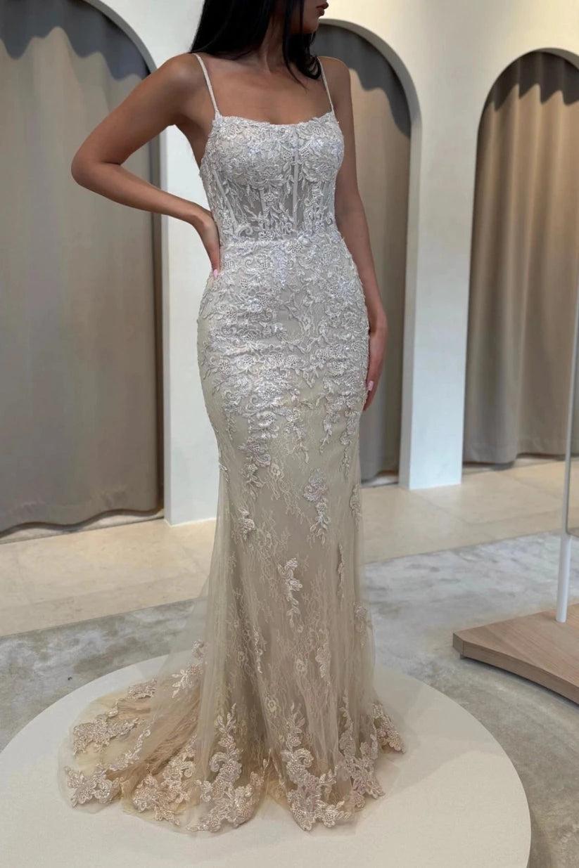 Champagne Glitter Lace Mermaid Gown With Floral Embroidery Corset Bodice