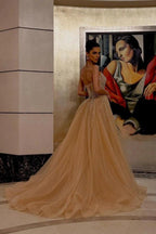 Champagne Glitter Tulle Ball Gown Crystal Beaded Corset Bodice Evening Dress