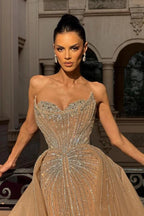Champagne Glitter Tulle Ball Gown Crystal Beaded Corset Bodice Evening Dress