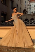 Champagne Glitter Tulle Ball Gown Crystal Beaded Corset Bodice Evening Dress