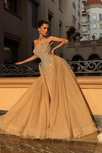 Champagne Glitter Tulle Ball Gown Crystal Beaded Corset Bodice Evening Dress