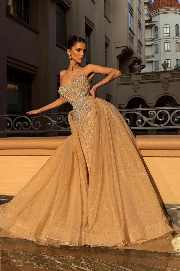 Champagne Glitter Tulle Ball Gown Crystal Beaded Corset Bodice Evening Dress