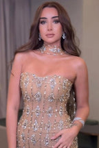 Champagne Gold Strapless Sheath Evening Gown Open Back Crystal Beaded