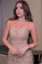 Champagne Gold Strapless Sheath Evening Gown Open Back Crystal Beaded