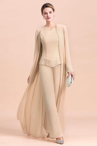 Vestido largo de gasa color champán para madre de la novia, dos piezas con chaqueta
