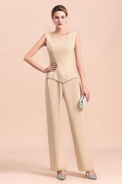 Vestido largo de gasa color champán para madre de la novia, dos piezas con chaqueta