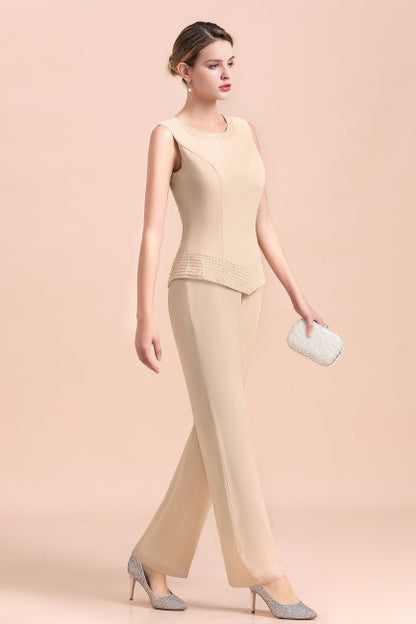 Vestido largo de gasa color champán para madre de la novia, dos piezas con chaqueta