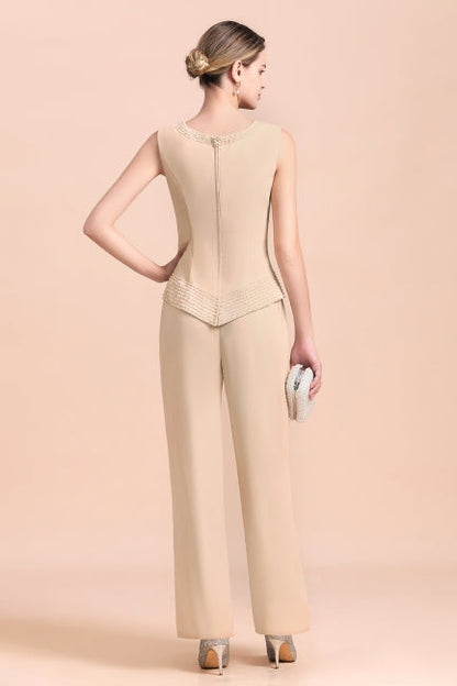 Vestido largo de gasa color champán para madre de la novia, dos piezas con chaqueta