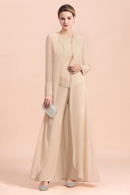 Vestido largo de gasa color champán para madre de la novia, dos piezas con chaqueta