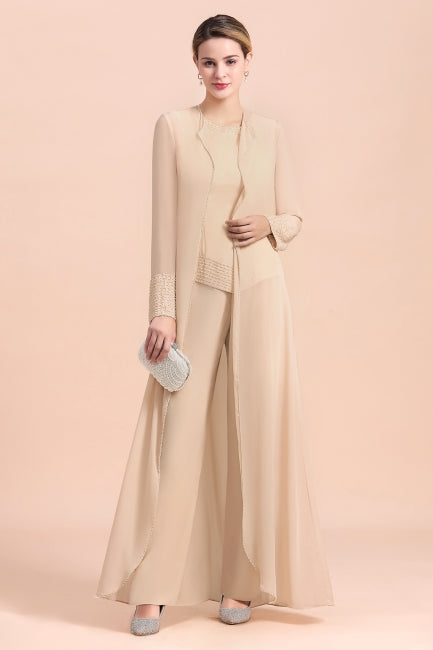 Vestido largo de gasa color champán para madre de la novia, dos piezas con chaqueta