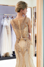 Abiti da sera con perline, paillettes e gioielli Long Mermaid Champagne