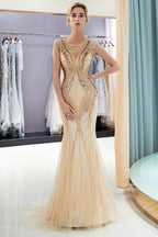 Abiti da sera con perline, paillettes e gioielli Long Mermaid Champagne