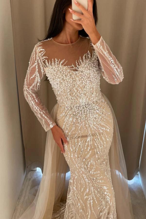 Champagne Mermaid Evening Gown With Illusion Jewel Neck And Crystal Beading