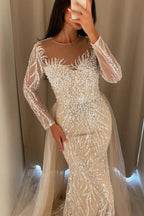 Champagne Mermaid Evening Gown With Illusion Jewel Neck And Crystal Beading