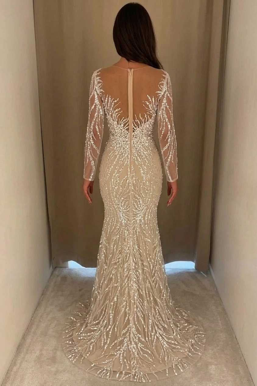 Champagne Mermaid Evening Gown With Illusion Jewel Neck And Crystal Beading