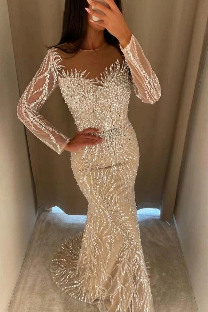 Champagne Mermaid Evening Gown With Illusion Jewel Neck And Crystal Beading