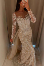 Champagne Mermaid Evening Gown With Illusion Jewel Neck And Crystal Beading