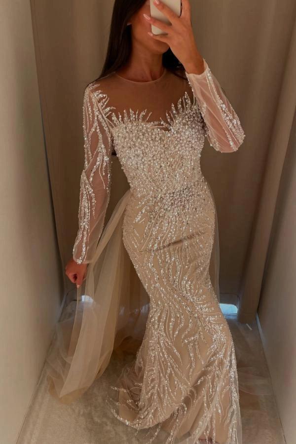 Champagne Mermaid Evening Gown With Illusion Jewel Neck And Crystal Beading