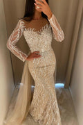 Champagne Mermaid Evening Gown With Illusion Jewel Neck And Crystal Beading