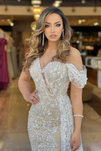 Champagne Mermaid Evening Gown With Lace Sequin And Overskirt