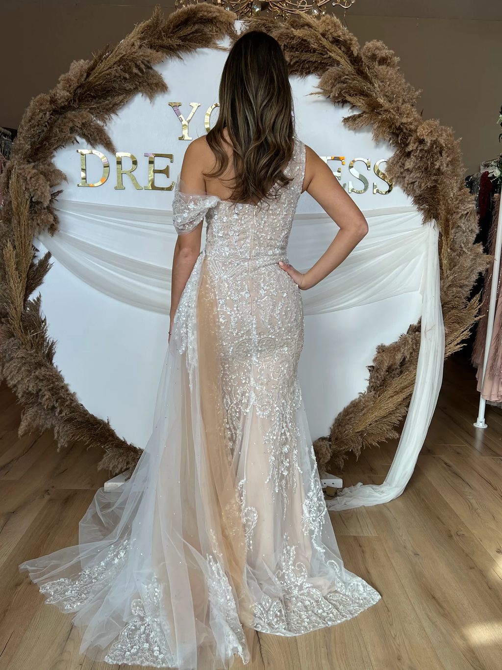 Champagne Mermaid Evening Gown With Lace Sequin And Overskirt
