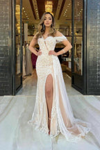 Champagne Mermaid Evening Gown With Lace Sequin And Overskirt