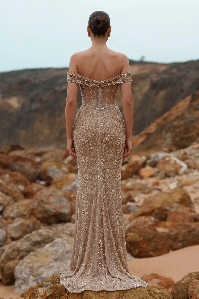 Champagne Mermaid Evening Gown Pearl Crystal Corset High Slit Prom Dress