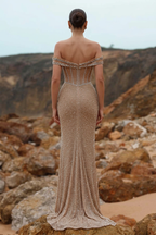 Champagne Mermaid Evening Gown Pearl Crystal Corset High Slit Prom Dress