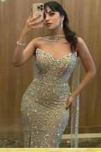 Strapless Champagne Mermaid Evening Dress With Beaded Detachable Cape