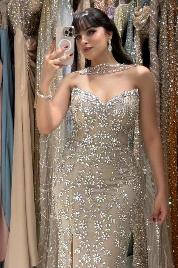 Strapless Champagne Mermaid Evening Dress With Beaded Detachable Cape