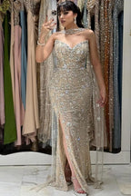 Strapless Champagne Mermaid Evening Dress With Beaded Detachable Cape
