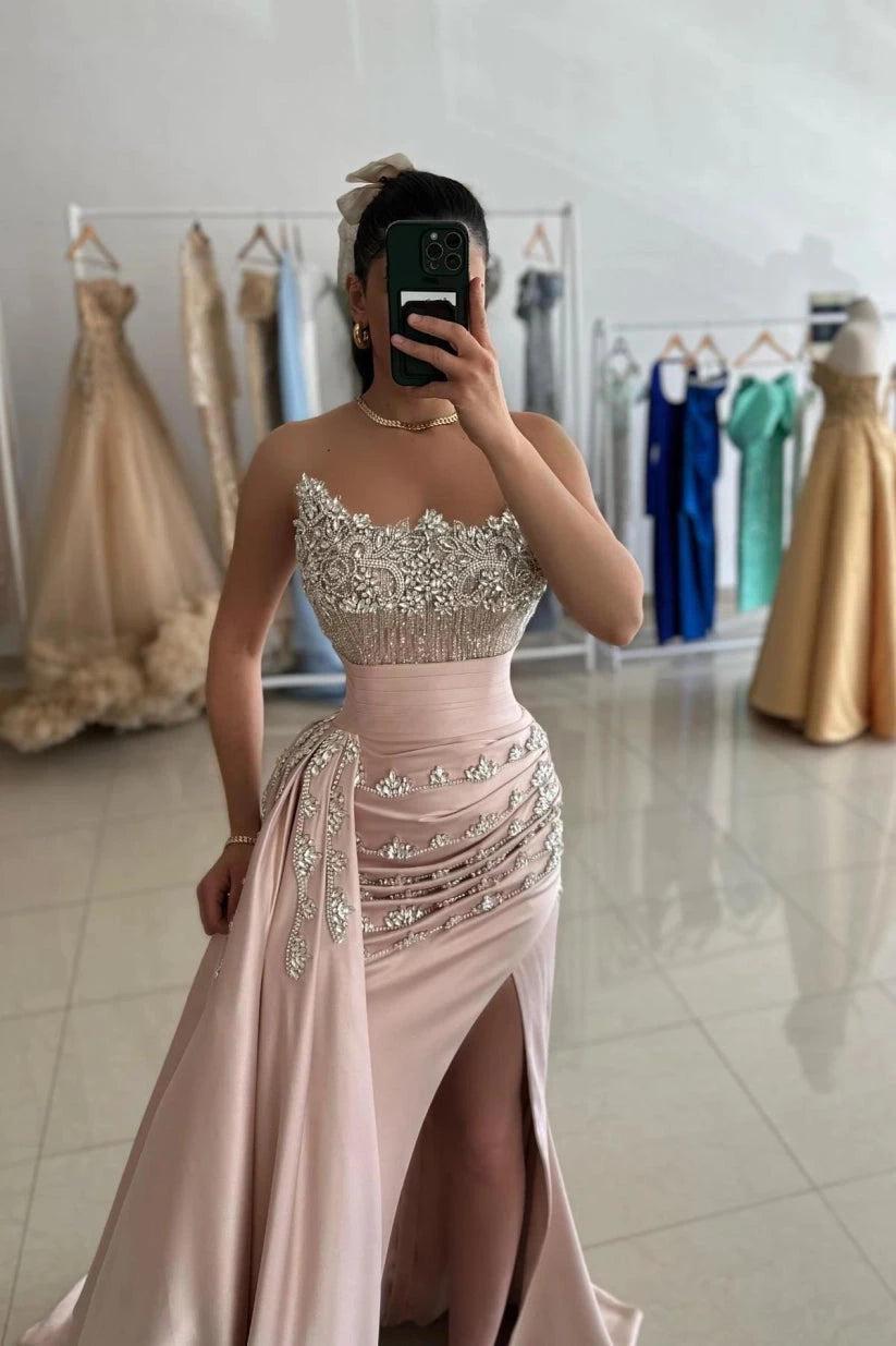 Champagne Satin Mermaid Evening Gown Strapless Crystal Beaded Bodice Train