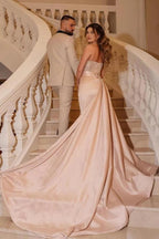 Champagne Satin Mermaid Evening Gown Strapless Crystal Beaded Bodice Train