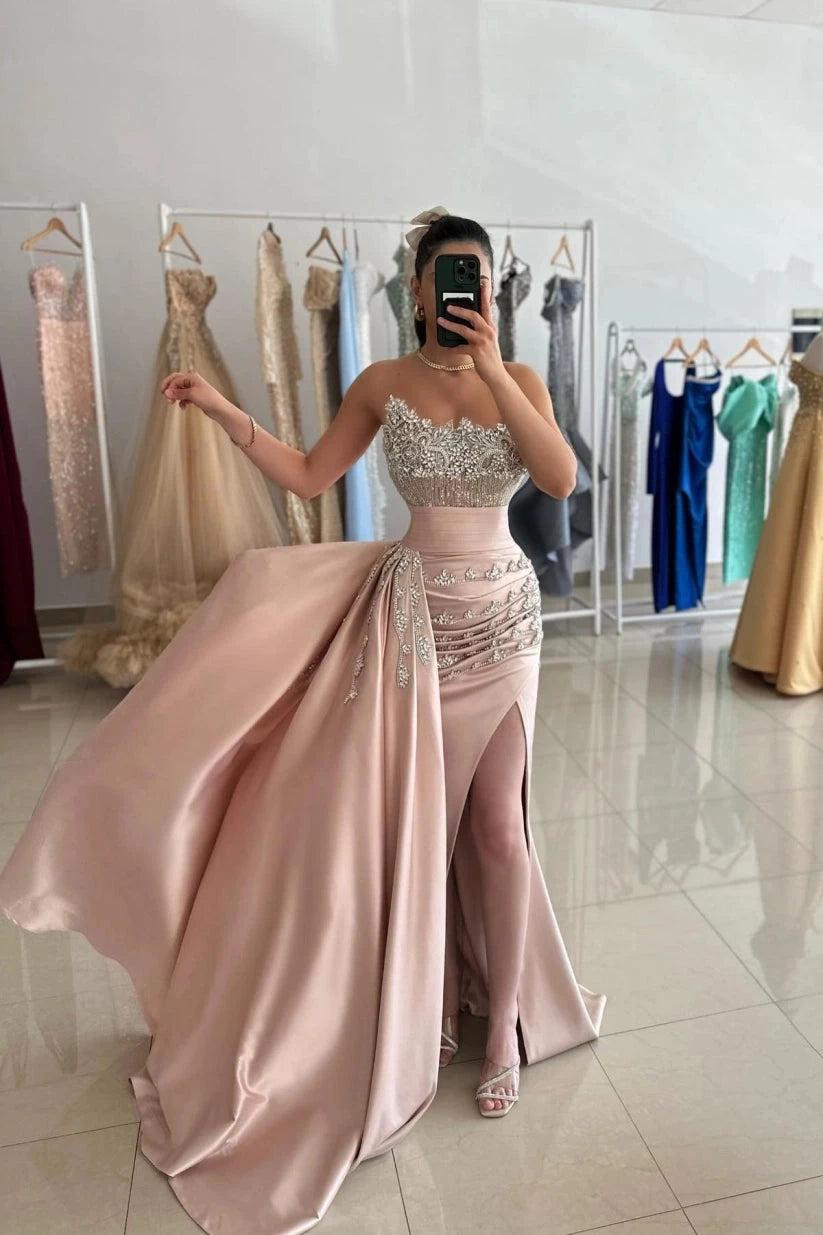 Champagne Satin Mermaid Evening Gown Strapless Crystal Beaded Bodice Train