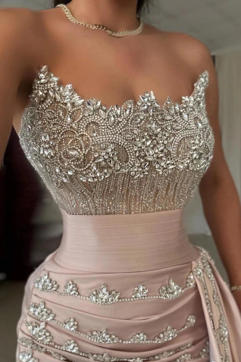 Champagne Satin Mermaid Evening Gown Strapless Crystal Beaded Bodice Train