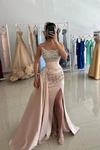 Champagne Satin Mermaid Evening Gown Strapless Crystal Beaded Bodice Train