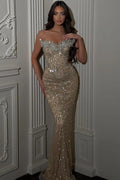 Champagne Sequin Mermaid Evening Gown Strapless Beaded Crystal