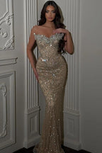 Champagne Sequin Mermaid Evening Gown Strapless Beaded Crystal