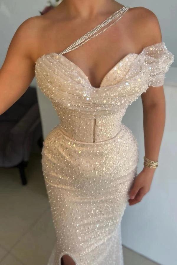 Champagne Sequin Pearl Mermaid Prom Dress With High Slit And Corset Waist