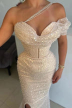 Champagne Sequin Pearl Mermaid Prom Dress With High Slit And Corset Waist