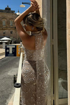 Champagne Crystal Beaded Sheath Prom Dress Floor Length