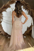 Champagne Sheath Evening Gown Deep Plunge Pearl Crystal High Slit Prom Dress