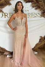 Champagne Sheath Evening Gown Deep Plunge Pearl Crystal High Slit Prom Dress