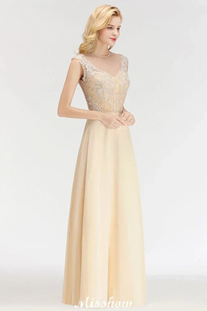 Abito da damigella d'onore senza maniche a linea ad A con gioielli di cristallo, lungo fino al pavimento, per feste