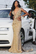 Champagne Sleeveless Sequin Floral Column Prom Dresses Floor Length