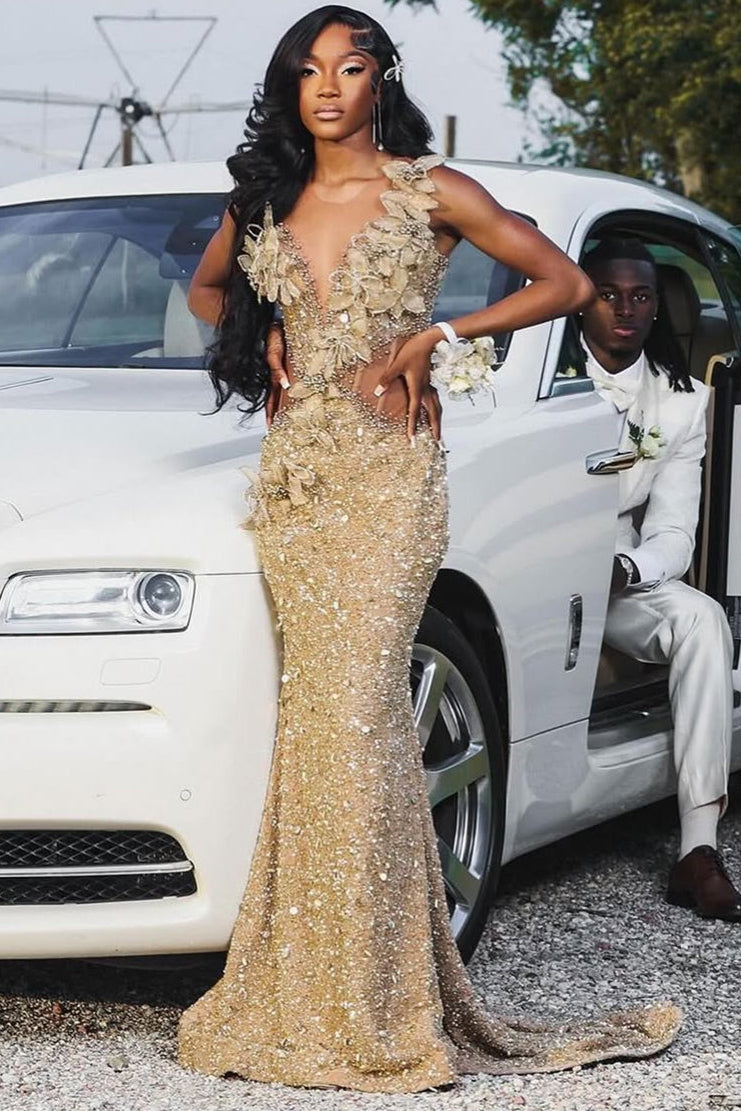 Champagne Sleeveless Sequin Floral Column Prom Dresses Floor Length